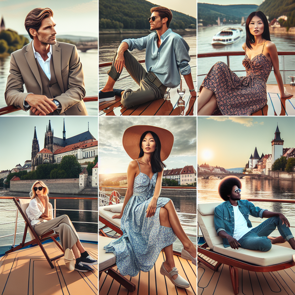 Stunning Outfits for European River Cruises: Find Your Match! Visualize various scenarios of fashionable individuals, each of different descents and genders, on a scenic European river cruise. Picture these scenarios: 1) A middle-aged Caucasian man in an elegant khaki suit, leaning on the polished wooden railing looking at the stunning river view with ancient European castles in the background. 2) An Asian woman, dressed in a breezy floral sundress and sunhat, sitting comfortably on a deck chair, with a captivating sunset backdrop. 3) A relaxed, casual encounter of a Middle-Eastern female and a Black male in denim outfits, laughing and enjoying their time amidst the cool river breeze.
