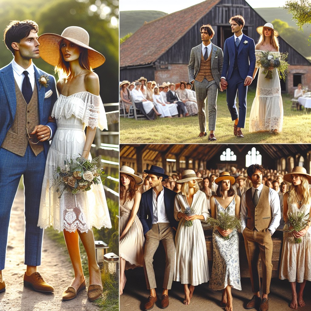 Farm Wedding Styles: Stunning & Effortless Outfits Depict a picturesque farmyard wedding scene showcasing different styles of stunning and effortless outfits. Set against the backdrop of a rustic barn, imagine a couple getting married. The bride, of South Asian descent, is wearing a chic, bohemian off-shoulder dress with lace detailing. The groom, a Caucasian man, is sporting a tailored navy blue suit styled with brown brogues. In the audience, picture a variety of guests, each in unique and stylish outfits fitting a farmyard wedding. Women in sundresses with hats, men in crisp linen shirts and waistcoats. The atmosphere is warm, festive and chic.