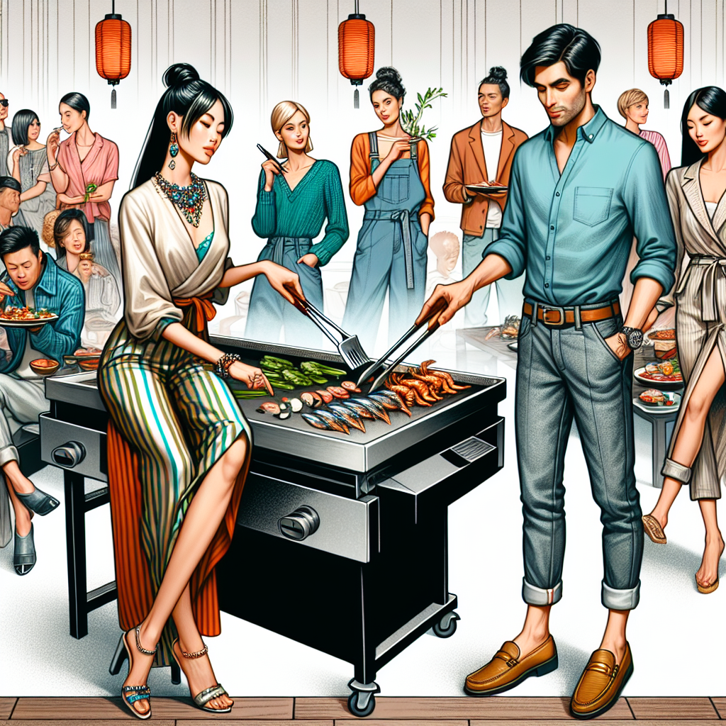 What to Wear to a Hibachi Party: Chic, Must-Have Styles Imagine a vibrant social gathering, where the focus is a hibachi grill. To one side, an Asian woman with fashion-forward attire is keenly selecting vegetables for grilling. She is wearing a stylish, chic dress, accessorized with trendy jewellery. On another side, a Caucasian man in casual stylish attire is flipping some seafood on the grill. He is neatly dressed in a cool toned shirt, rolled-up jeans, and loafers, holding a pair of grill tongs. Onlookers of various descents and genders, in their must-have unique styles, mingle, chat, and enjoy the hibachi party atmosphere.