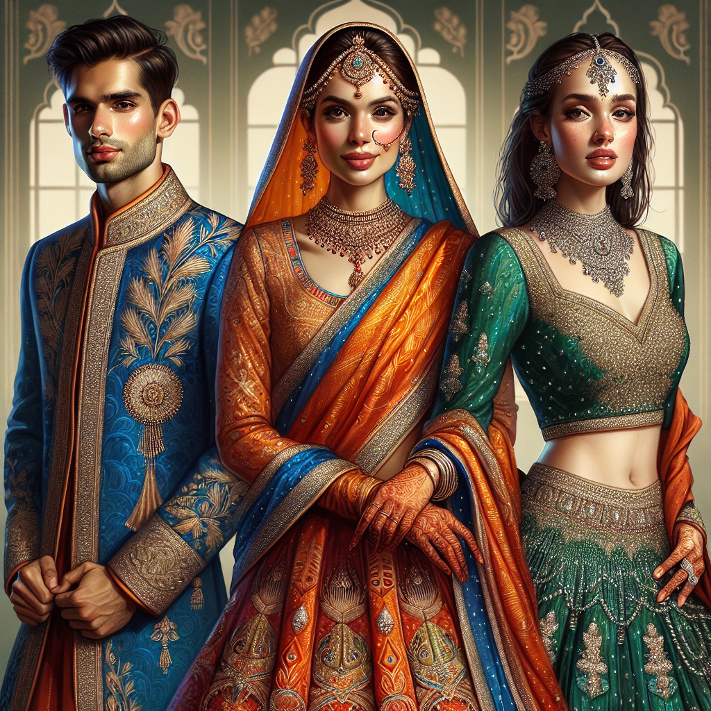 Stunning Indian Wedding Guest Outfits: Effortless Elegance Showcase a lively scene at an Indian wedding. Depict three different guests, each dressed in traditional Indian wedding attire. The first person, a middle-aged Caucasian woman, is wearing an exquisite vibrant orange saree with intricate gold embroidery. The second is a young Hispanic man, donned in a royal blue sherwani adorned with intricate patterns in silver thread. The third is a young South Asian woman dressed in a gorgeous emerald green lehenga choli with sparkling sequins. Their outfits reflect fine detailing, effortless elegance and the rich cultural heritage of Indian weddings.