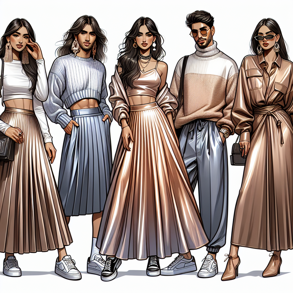 Must-Have Styles: What to Wear with a Satin Maxi Skirt Create an image of various fashionable outfits. In one corner, depict a Middle Eastern woman wearing a satin maxi skirt paired with a crop-top and accessorized with statement earrings. In the middle of the scene, show a Hispanic man stylishly dressed in a satin maxi skirt with an oversized sweater and comfortable sneakers. On the other side, illustrate a Caucasian woman pairing the satin maxi skirt with a sleek button up blouse and heeled boots. Finish the image with a South Asian man combining his satin maxi skirt with an edgy leather jacket and loafers.