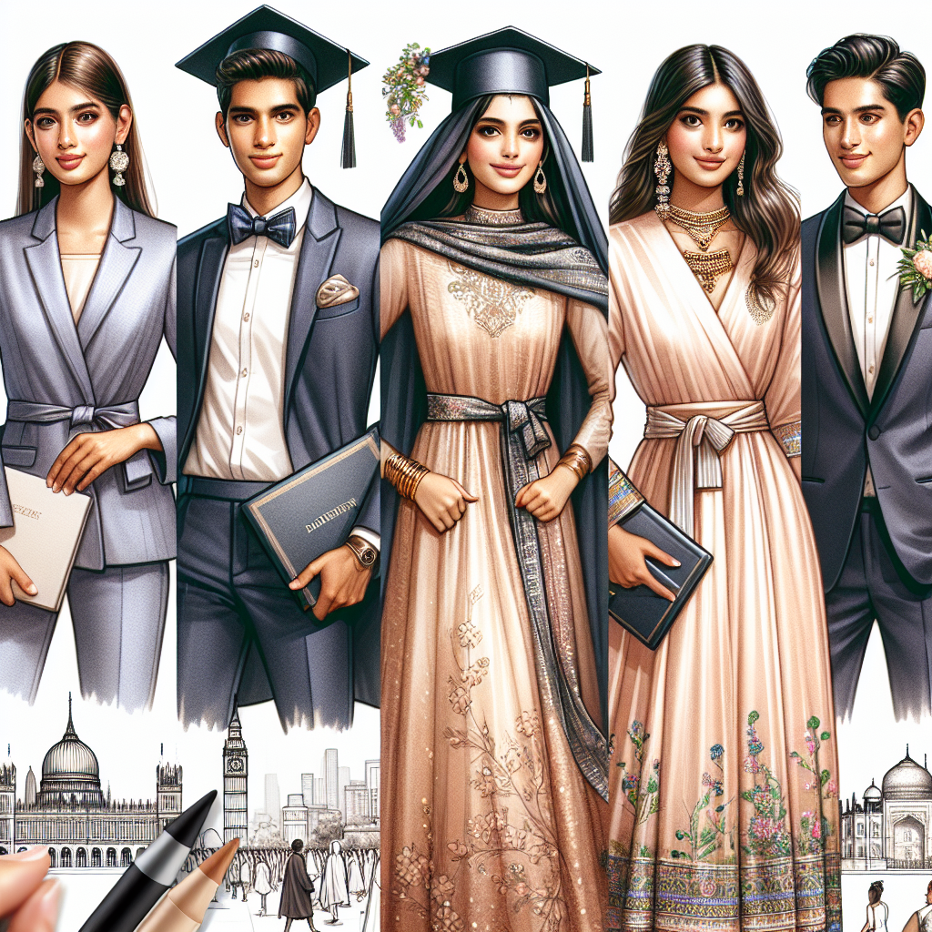Create a detailed scene showcasing various outfits suitable for a graduation ceremony. The scene should highlight the elegance and simplicity of the garments. Picture a South Asian woman in her stunning, effortless traditional attire, a Hispanic man in a chic, streamlined suit, a Middle Eastern woman in a stylish modern dress paired with traditional accessories, and a Caucasian man in a classic tuxedo. The image should capture the joy, elegance and importance of the event.