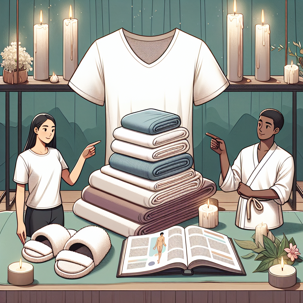 Create a serene image featuring a neatly folded stack of common massage attire. Show comfortable clothing options such as a loose-fitting yoga pant and a soft, round neck t-shirt. At the side, have plush spa slippers and a fluffy white towel. Include a peaceful spa environment in the backdrop with dimmed lights, candles, and hint of green plants. Two individuals, an Asian male therapist and a Black female client, are in the process of a professional discussion, pointing towards the attire, with an illustrated guidebook titled 'Effortless Guide for Massage' open on a table nearby.