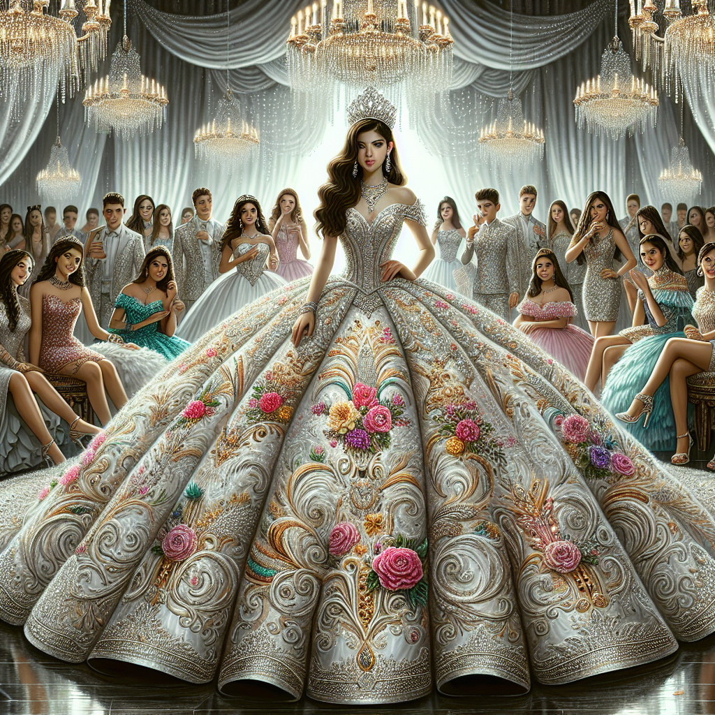 Stunning Quinceanera Outfits: Discover Your Best Look Visualize a striking Quinceanera scene. The central figure is a Hispanic teenage girl celebrating her fifteenth birthday, adorned in an extravagant, elegant gown that embodies her youthful grace and charm. She is surrounded by an environment evoking joy and celebration, with guests of varying genders and descents joining the festivities. The girl's outfit is the highlight: imagine intricate embroidery with a mixture of modern and traditional elements, gleaming under the spotlight. Patterns may include lace ornaments, beadwork, and voluminous skirts, complemented by tasteful accessories. Chromatically, the attire could embrace pastels for a more traditional feel or bold colors for a contemporary twist.