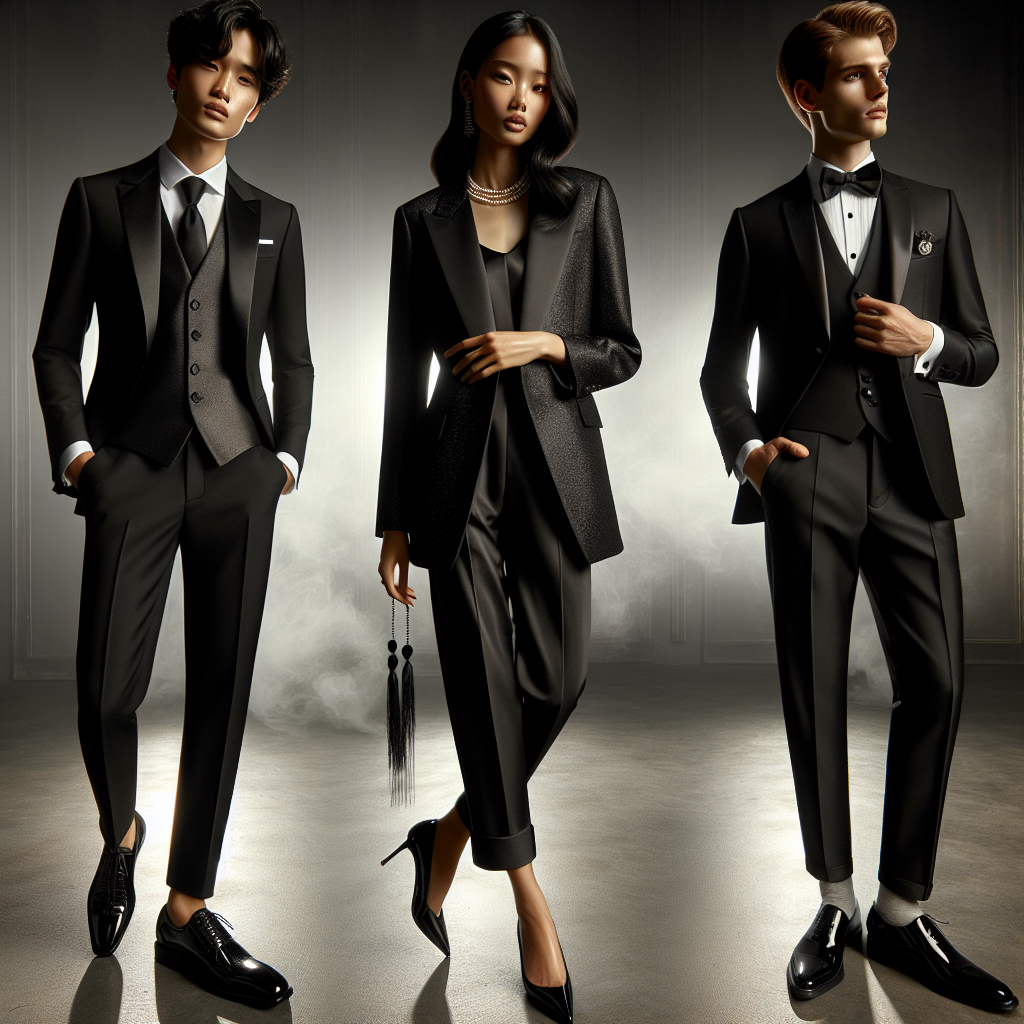Must-Have Styles for Formal Funerals: Effortless Elegance A collection of must-have styles for formal funerals, showcasing effortless elegance. The scene includes three individuals wearing black suits complemented by distinct accessories that add a touch of class. One person, an Asian male, is in a traditional tuxedo with a black tie and a shiny pair of patent leather shoes. The second person, a Black female, is displaying a sleek blazer and trousers ensemble paired with a pearl necklace. The third person is a Caucasian male wearing a formal three-piece suit with a pocket square and cufflinks. The background fades softly into a dimly lit, serene environment.