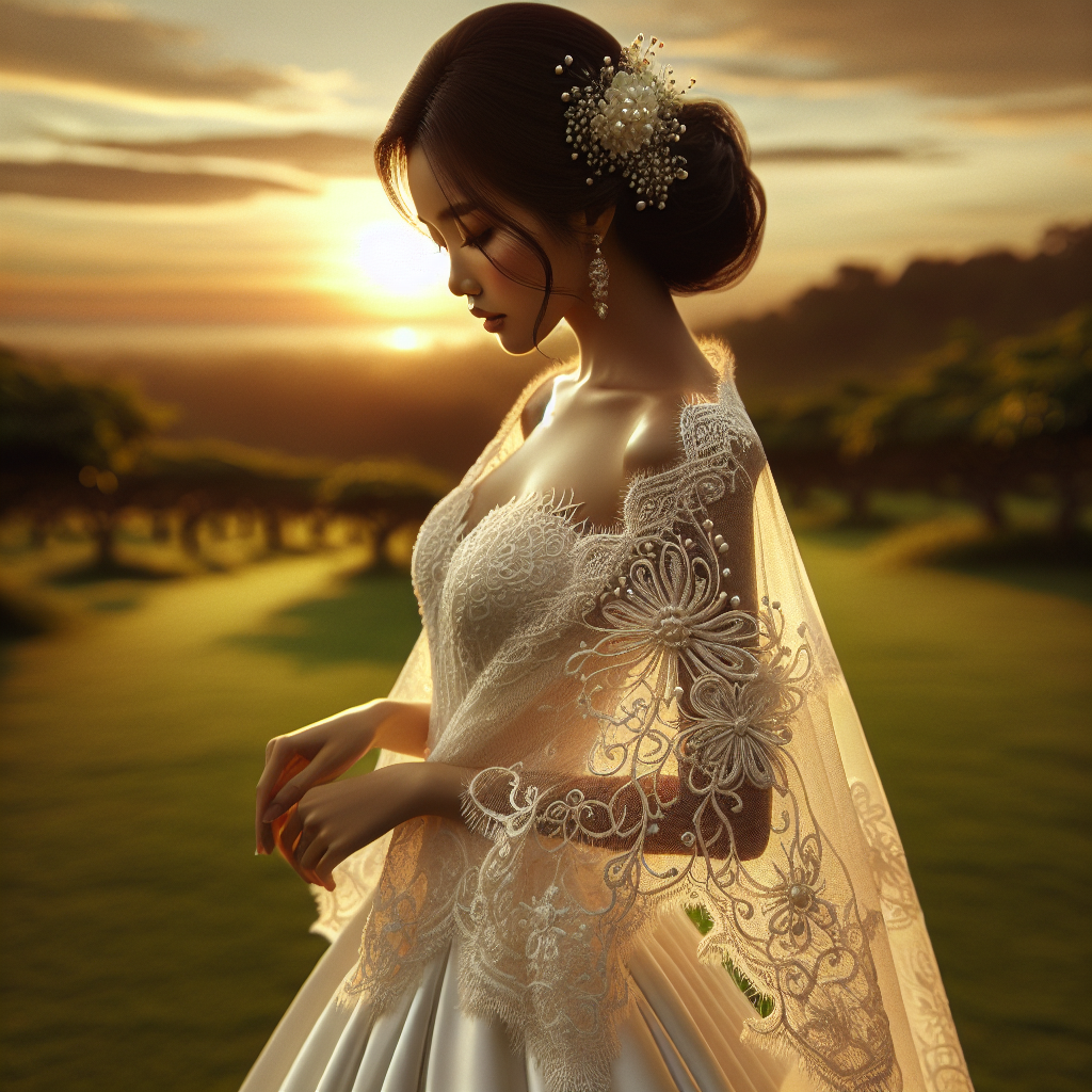 Imagine a delicately formed wedding cover-up, evoking a sense of effortless elegance. The intricately laced shawl, woven in hues of ivory and pearl white, drapes gently over the shoulders of an Asian bride dressed in a classic white wedding gown, enhancing her natural radiance. Her long, dark hair is styled in an elegant updo, adorned with tiny, radiant pearls. The setting sun in the panoramic sky casts a golden, soft light, offering an enchanting atmosphere that amplifies the beauty of the scene. The verdant green of the surrounding trees accords with the serene ambiance.