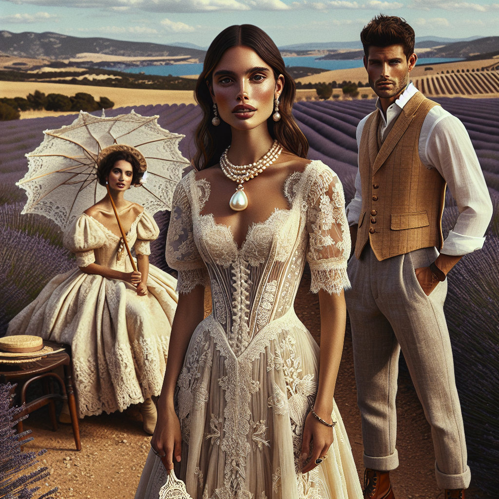 Stunning Countryside Wedding Attire Essentials Imagine a rustic countryside setting with vast fields of lavenders as the backdrop. A Hispanic bride in an elegant, vintage lace wedding dress stands amidst this panoramic landscape, her body posture exuding joy and confidence. Her outfit is elegantly completed with a baroque pearl necklace; while a Caucasian groom, displaying a calm demeanor, is adorned in a sharp tailored linen suit paired with a wheat-colored vest that complements the serene surroundings. Essentials like beautifully handcrafted leather boots for the groom and an intricate lace parasol for the bride are discernible. This scene encapsulates the essence of a stunning countryside wedding attire.