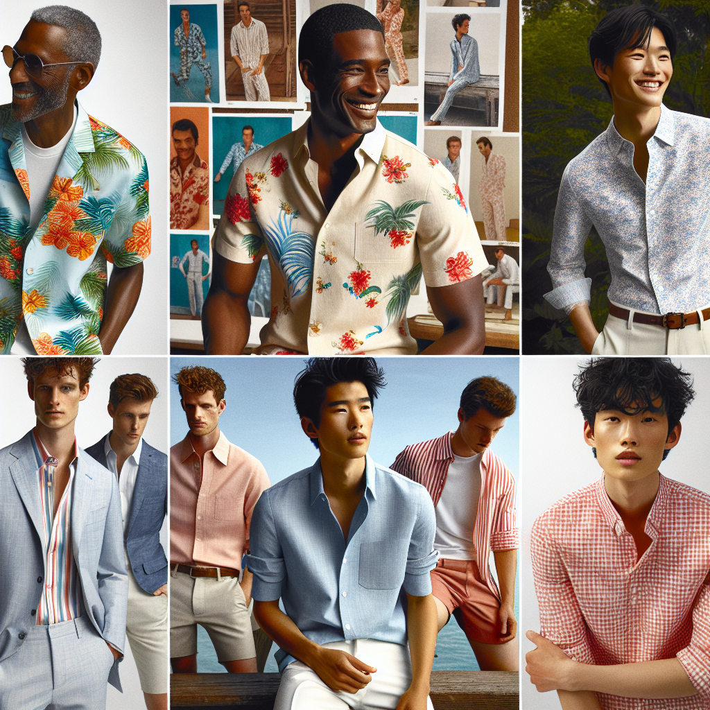 Imagine a fashion spread showcasing summer barbecue style. The focus is on stunning suit shirts, perfect for outdoor events. Picture a range of designs. A Hawaiian shirt with vibrant tropical prints, worn by a middle-aged black man. Next, a pastel-colored linen shirt, donned by an East Asian teenager with a sparkling smile. Another scene features a classic gingham shirt in quintessential red and white, worn by a white woman in her 30s. Lastly, a young, South Asian man sports a chambray button-up with rolled sleeves. Each individual is flawlessly styled and exudes an air of casual elegance and effortless cool.
