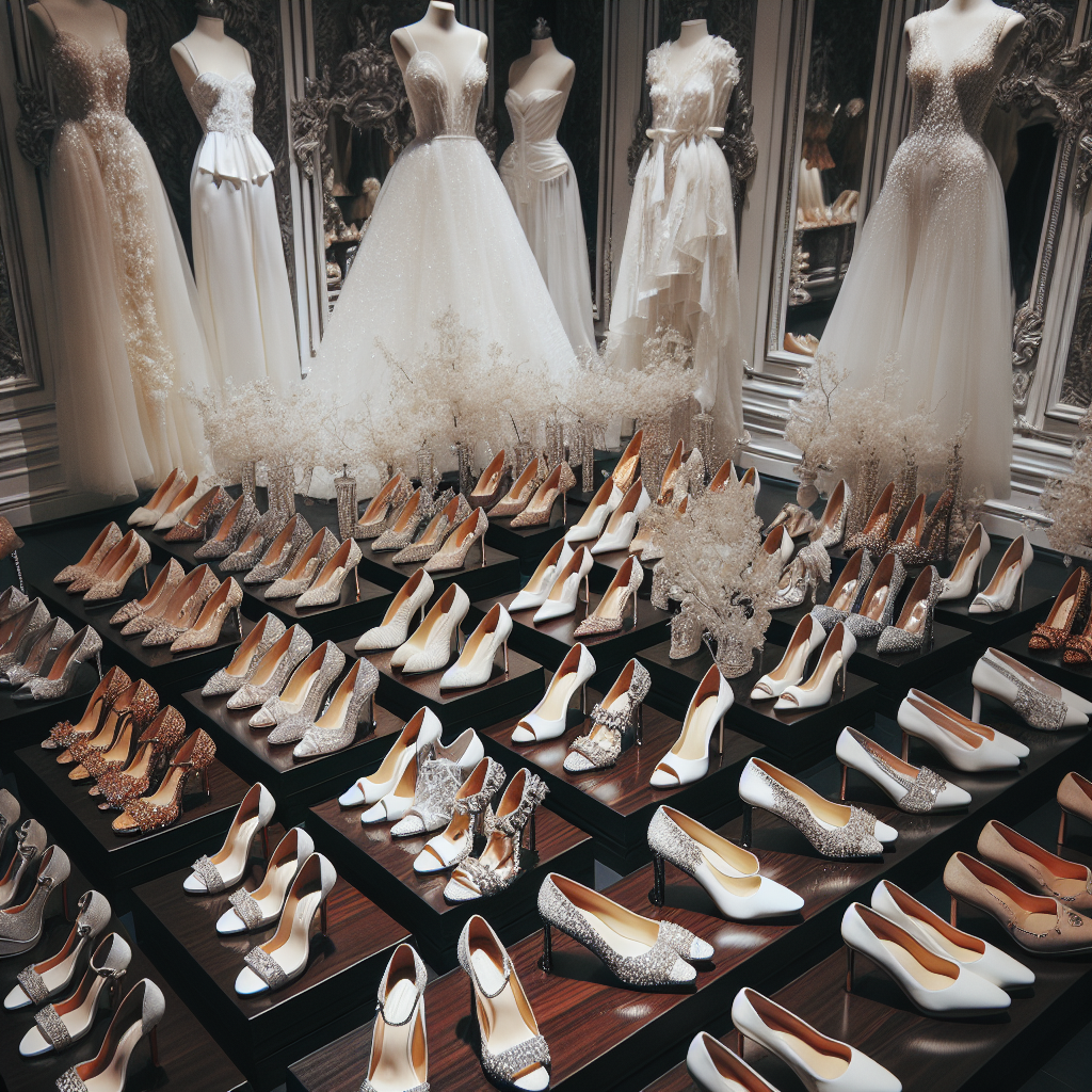 Stunning Heels for White Dresses: Find Your Perfect Match! Imagine a wonderful display showcasing a vast array of stunning heels. The heels vary in height, design, and style, each uniquely tailored to match beautifully with white dresses. From elegant stilettos adorned with sparkling crystal embellishments to chic platform heels with open toes, all in different shades of white, cream, ivory, and silvery metallic hues, you're showcasing the perfect match for every white dress. The display is set on an opulent ebony wooden floor, a stark contrast to the bright heels, which further accentuates their beauty.