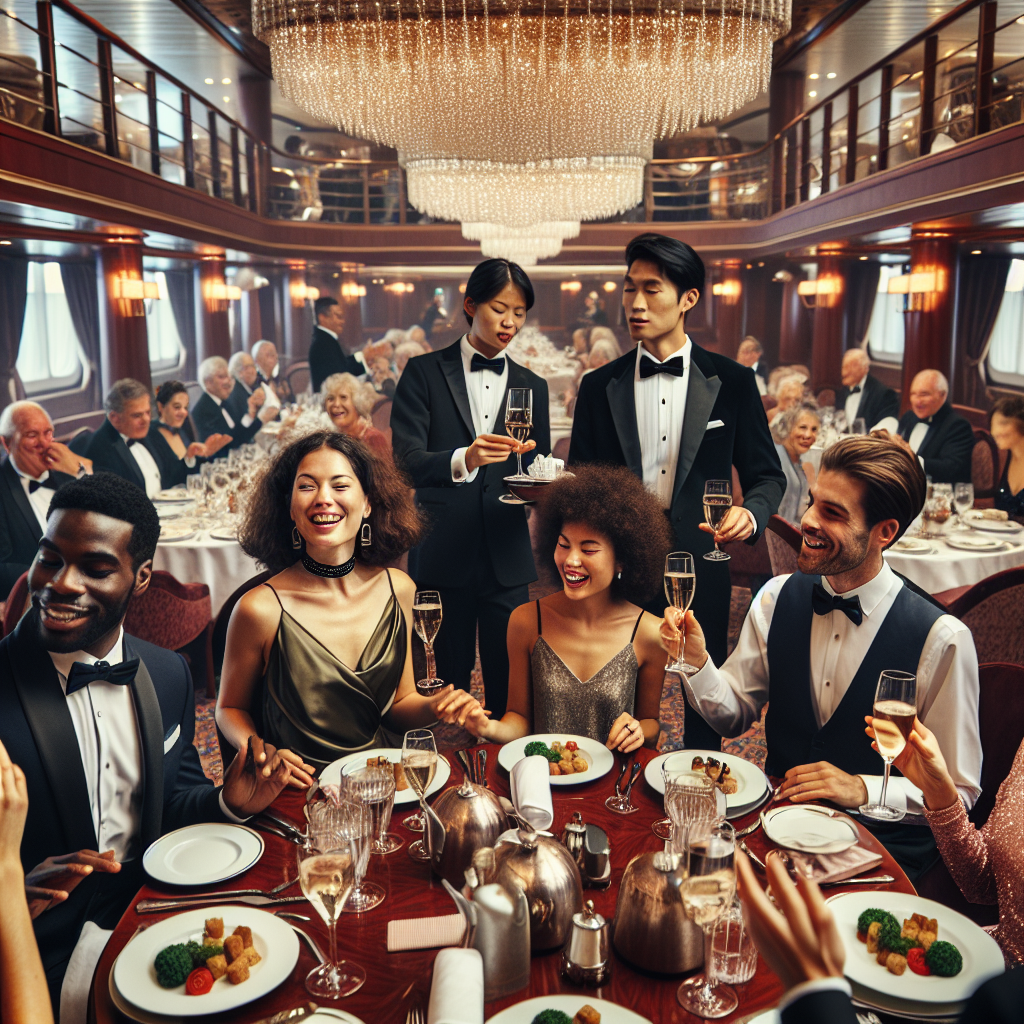 Must-Have Styles for Captain's Dinner on a Cruise A luxurious dining room on a cruise ship, elegantly decorated with twinkling chandeliers and rich mahogany tables. Serving staff in upscale attire are providing excellent service. A diverse group of well-dressed guests are seated around the tables, indulging in a lavish feast. A Caucasian man in a navy blue tuxedo is raising a toast, while a Hispanic woman in an olive green evening gown applauds. A Black woman in a silver sequin dress happily chats with a Middle-Eastern man in a black suit. An Asian woman, in a vintage pink satin dress, is laughing with a White man in a burgundy velvet suit.