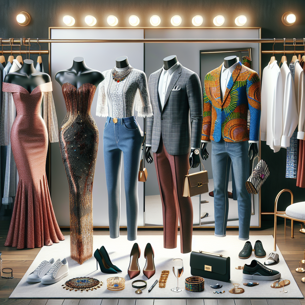 What to Wear to a Launch Party: Must-Have Outfits An assortment of must-have outfits for a launch party. There's an elegant cocktail dress for an Asian woman, a dashing three-piece suit for a Caucasian male, a vibrant Ankara print outfit for a Black woman, and casual but stylish denims with a white shirt for a Hispanic man. Accessories like tasteful jewelry, a trendy watch, fashionable footwears, and an elegant clutch bag complete the look. The scene is set in a spacious walk-in wardrobe with a full-length mirror reflecting the outfits. Soft lighting adds to the chic ambiance.