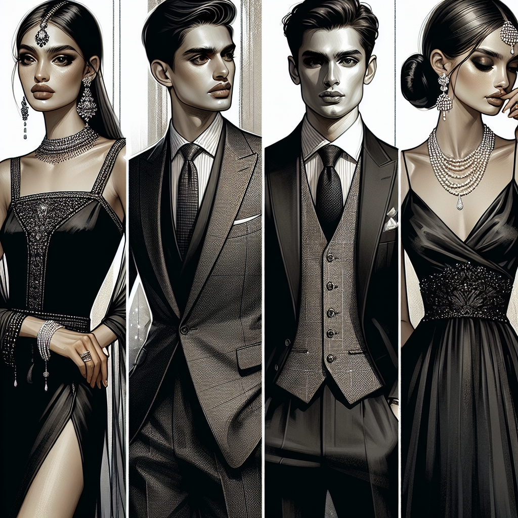 Stunning Funeral Outfits 2024: Dress with Grace Envision a series of distinct fashion illustrations capturing the elegance and grace for a feature on funeral attire trends of 2024. Image one depicts a South Asian woman adorned in a sophisticated, black sleek jumpsuit embellished with subtle silver accents. Image two portrays a Caucasian man wearing a classic three-piece black suit complemented by a muted grey tie. Image three features a Hispanic woman in a tastefully draped black silk dress, accentuated with fine white pearls. Each outfit choice demonstrates class, respectfulness, and a forward-thinking vision in funeral fashion.