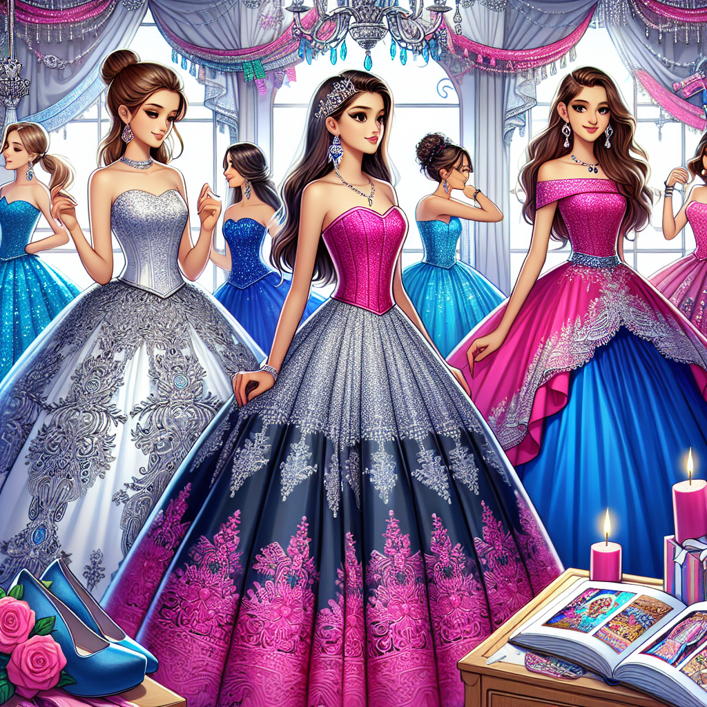 Dress Code Guide: Effortless Styles for a Quince Visualize a detailed scene featuring a diverse array of young girls preparing for their Quinceañera celebration. The first girl, of Hispanic descent, is wearing an elegant ball gown with intricate lace detailing. The second girl, of South Asian descent, dons a bold, hot pink strapless dress with an extended train. Lastly, a third girl, of Caucasian descent, is seen in a beautiful royal blue dress adorned with silver sequins. These outfits represent effortless styles for a Quince. All around them are traditional decorations, getting the ambiance ready for the grand celebration.