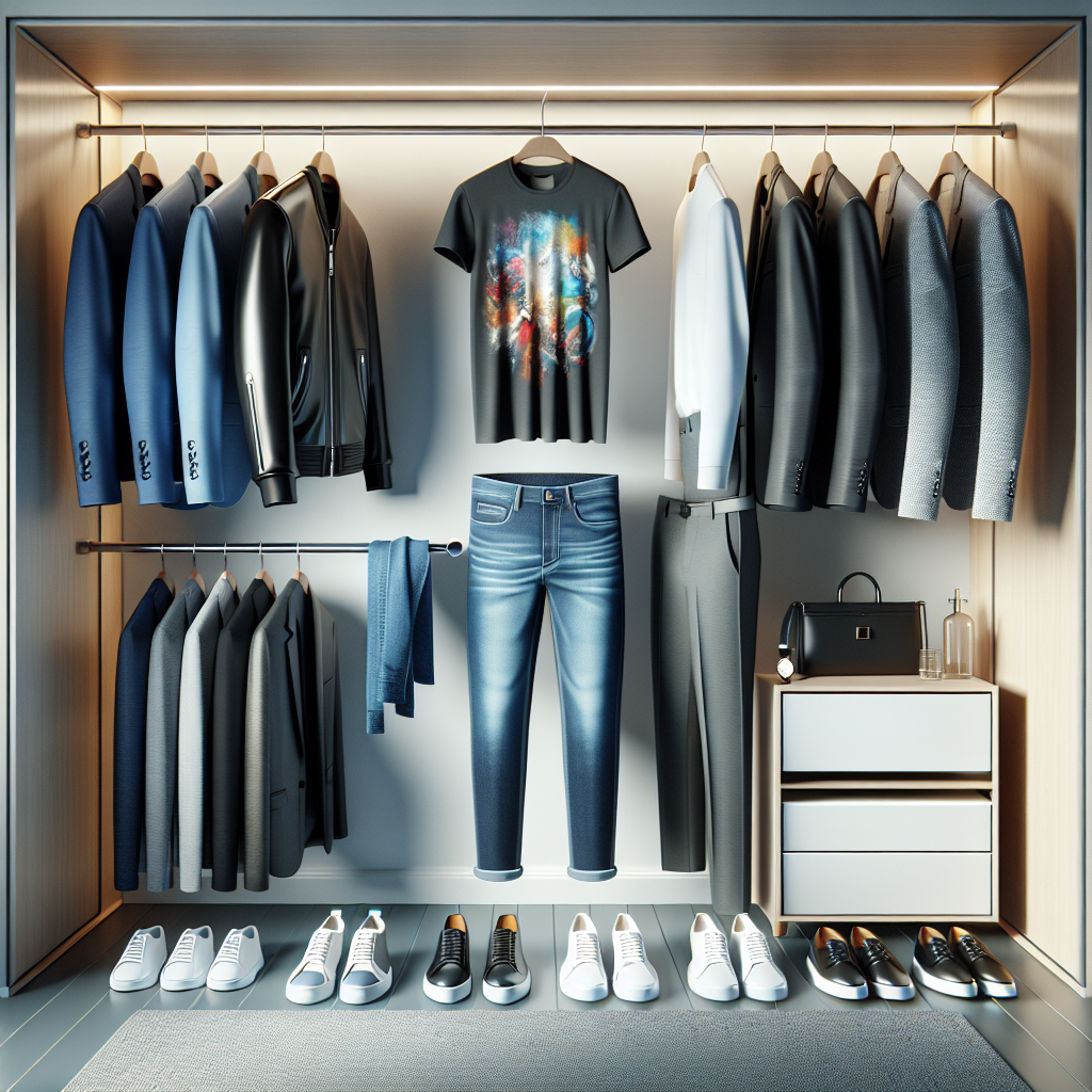 Must-Have Tips: What to Wear With a Graphic T-Shirt Create a detailed scene of a well lit, modern, spacious walk-in closet with a diverse range of clothes. In the center, subtly highlight a colorful graphic t-shirt. To its left, display four corresponding outfit elements - a black leather jacket, high-waist blue denim jeans, white sneakers, and a silver sunglasses -each, organized neatly on hangers. On the right, illustrate a monochrome outfit using a charcoal blazer, white tailored trousers, black loafers, and a simple gold wristwatch to complete the look. Add a soft texture to the garments to make them look appealing and realistic.