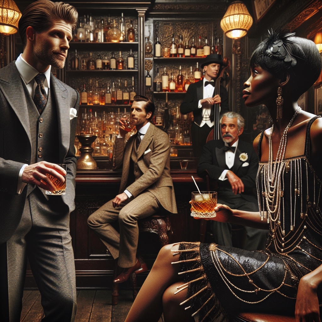 An upscale speakeasy setting from the 1920s filled with stylishly dressed people. To the left, a Caucasian man wearing a sharp-looking three-piece suit and holding a glass of whiskey on the rocks. He has slicked-back hair and is chatting casually to a Black woman to his right, who is elegantly dressed in a flapper style dress adorned with beads and sequins, her hair styled in a short, sleek bob cut. In the background, a South Asian jazz band performing lively music, where the bassist is a woman and the trumpeter is a man. Ornate mahogany furniture, low lighting, a long bar rack filled with myriad liquor bottles, and patrons engaged in hushed conversations contribute to the clandestine, intimate atmosphere.