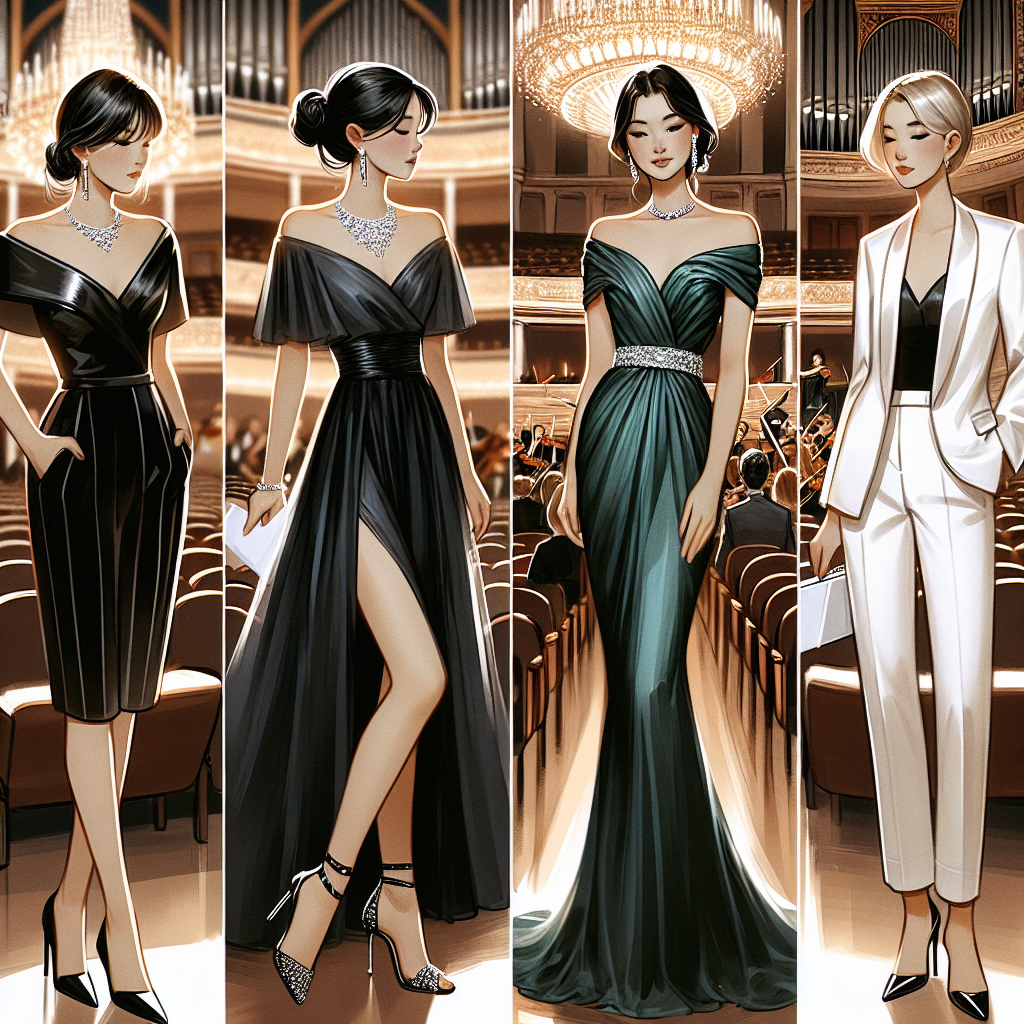 An elegant image illustrating various fashionable outfit ideas for women attending an orchestra concert. This includes a slick black dress adorned with a subtle diamond necklace worn by an Asian woman, an off-the-shoulder emerald gown graced by a Middle-Eastern woman, and an elegant white pantsuit sported by a Hispanic woman. All could be shown immersed in the ambiance of an opulent concert hall, softly lit and filled with the anticipation of melodious strains yet to fill the air. A focus should be on their stylish shoes, statement jewelry, and soft, classy makeup that adds to the overall sophistication.