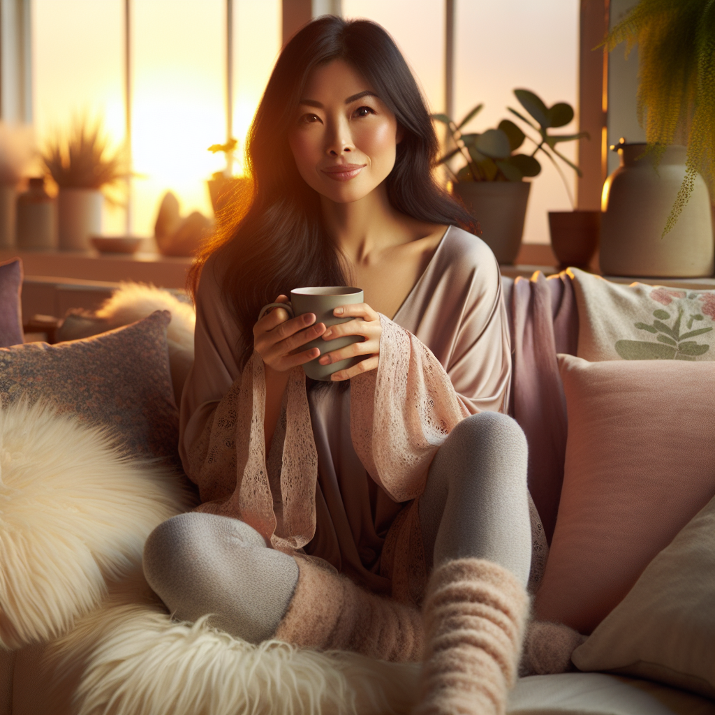 Post-Hysterectomy Style: Effortless & Comforting Outfits Create a serene and inviting image that depicts a woman post-hysterectomy, relaxing within her home. She's an Asian woman in her forties, with medium length black hair, wearing an outfit that is both comfortable and stylish. Her clothing consists of a loose-fitting, soft fabric, pastel-hued tunic and cozy leggings. She is sitting on a comfy sofa with a warm drink in her hands, perhaps tea or coffee. The setting sun is peeping through windows, casting warm, comforting light across the room. Surroundings include soft, plush cushions, and snippets of green houseplants.