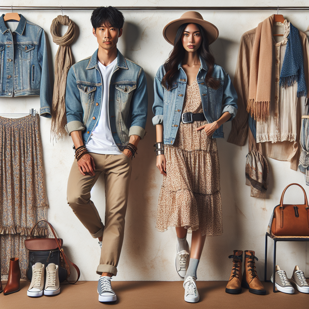 Show an Asian male in a relaxed pose wearing a jean jacket with a white v-neck t-shirt, khaki pants, sneakers, and a well-matched scarf and hat. Next to him, a Mediterranean woman wearing a jean jacket paired with a floral print dress, brown boots, and a chic leather handbag. Behind them are additional outfit possibilities for jean jackets: a neutral-colored turtleneck, a plaid shirt, a sundress, and accessories like statement necklaces, bangles, and belts. The setting is a trendy urban fashion boutique.