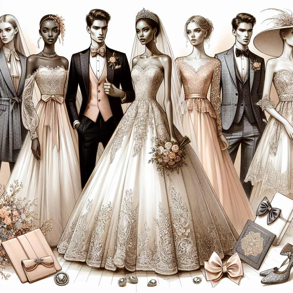 Stunning Outfits for Formal Western Weddings: Find Your Match Design an array of stunning formal outfits designed for Western-style weddings. These should consist of opulent bridal gowns adorned with intricate lacework and lavish groom's suits embellished with stylish pocket squares and sophisticated bow ties. Let's also see bridesmaid's dresses in soft pastel hues and groomsmen's attire in complementing tones. To complete the ensemble, visualize exquisite accessories like delicate veils, elegant hats, polished cufflinks, and chic clutches. The scene should capture the essence of a fashion design studio, showcasing these outfits on models of diverse descents like Caucasian, Black, Hispanic and South Asian, making it a cornucopia of elegance and style.
