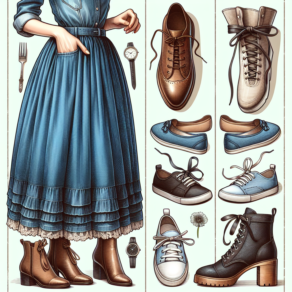 A detailed vertical image showing a collection of stylish footwear options, perfect to pair with long denim skirts. The image can be divided into three main sections. At the upper part, depict a neatly arranged long denim skirt of medium blue color with detailed texture. Directly beneath it, in the middle part, arrange some different styles of shoes, including ankle boots in brown leather, black ballet flats with a small bow, and white athletic sneakers. Each pair exhibiting exquisite design and craftsmanship. The lower part should contain text: 'Stunning Shoes for Long Denim Skirts: Perfect Picks!' with elegant typography.