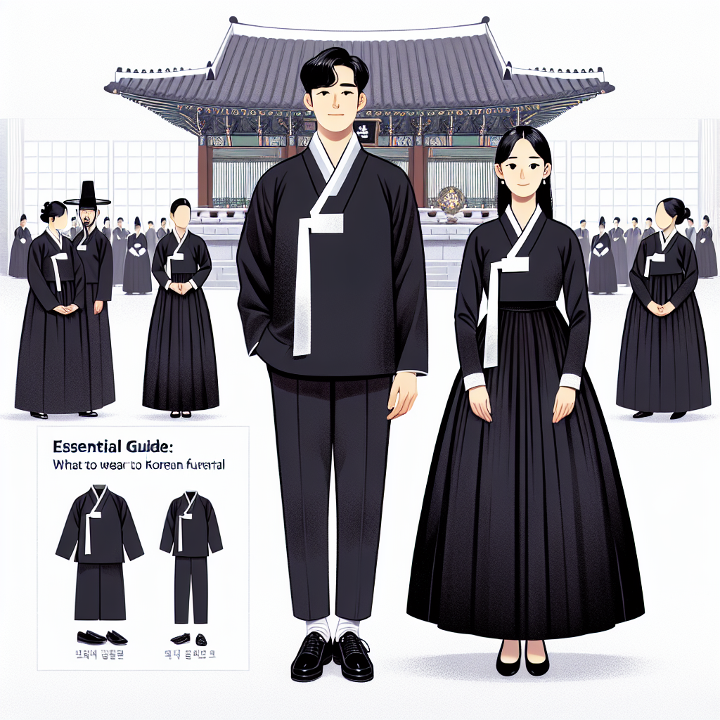 Essential Guide: What to Wear to a Korean Funeral An image illustrating a respectful mourning attire for a Korean funeral. In the foreground, a Middle-Eastern man in a crisp black hanbok, the traditional Korean attire, complemented by black shoes. A South Asian woman next to him, dressed in a similar style: black blouse and skirt, black shoes, and simple jewelry. The background hints towards a traditional Korean Jongmyo shrine with grieving people in similar attire, further emphasizing the solemn atmosphere of the event. Display in the image's corner, a simple guide text 'Essential Guide: What to Wear to a Korean Funeral'.