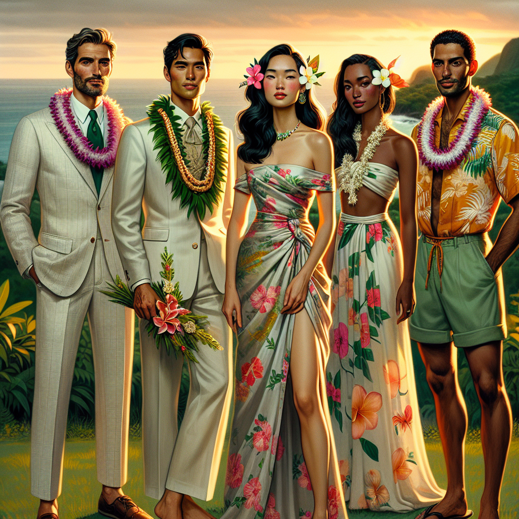 Stunning Hawaiian Wedding Guest Outfits: Must-See! A tableau of various guests at a Hawaiian wedding: A Middle-Eastern man in a classic light-colored linen suit paired with a vibrant tropical flower lei, a South Asian woman embellishing a simple silk sarong dress accentuated with a delicate gardenia in her hair, a black woman in an off-shoulder floral maxi dress accessorized with a seashell necklace, and a Hispanic man sporting a Aloha shirt combined with chino shorts. The background displays lush greenery with the sun setting over the Pacific Ocean.
