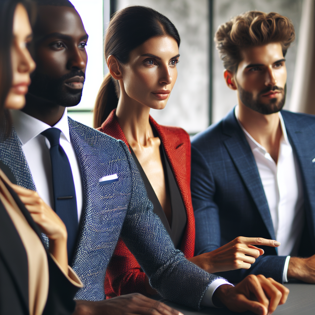 Ace Your Interview: Must-Have Styles with Blazers Imagine an executive boardroom setting with four persons of different descents: Caucasian woman, Hispanic man, Black woman, and Middle-Eastern man. They are all dressed smartly with blazers. The Caucasian woman is in a tailor-fit navy blazer, the Hispanic man in a trendy tweed design, the Black woman rocks a bold red blazer, and the Middle-Eastern man is donned in a classic black blazer. They're engaged in a business discussion, pointing towards a presentation. The focus is on their confident expressions and the diversity of their blazer styles.