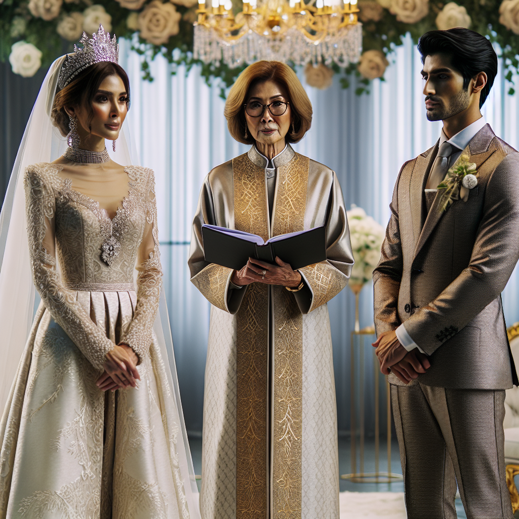Wedding Officiant Style: Must-Have Elegant Looks A setting in a beautifully decorated wedding venue. In the centre is a wedding officiant, an East Asian woman in her 50s, attired in an elegantly tailored, long creme-coloured robe with minimalistic golden embroidery. To her right, stands a middle eastern groom in a full suit and tie complementing his complexion, and to her left is a South Asian bride in a white lace gown with a silver tiara gracing her head. Both bride and groom are facing each other while the officiant is looking through a book with a solemn expression.