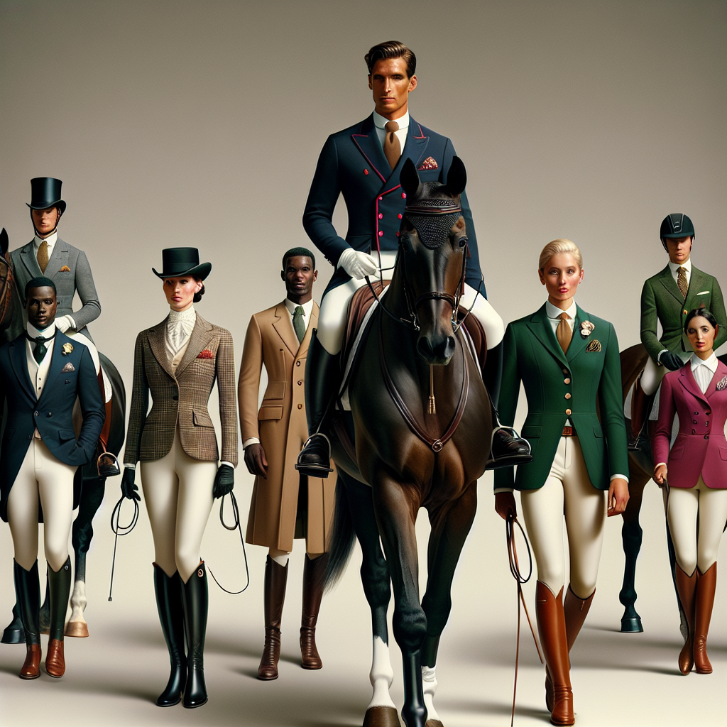 An enchanting scene at the prestigious horse show with an array of anonymous participants who are dressed impeccably. A Caucasian male in a tailored navy-blue riding coat, crisp white shirt, beige breeches, and polished black riding boots. Beside him, an African woman donning a smart raspberry show coat, a tie atop a white shirt, contrastingly white riding pants, and brown high boots. Further, originates a South Asian lady in an emerald green show jacket, ivory shirt, tan jodhpurs, and matte black equestrian boots. Each of them is on a handsome horse, groomed to perfection, ready for the competition.