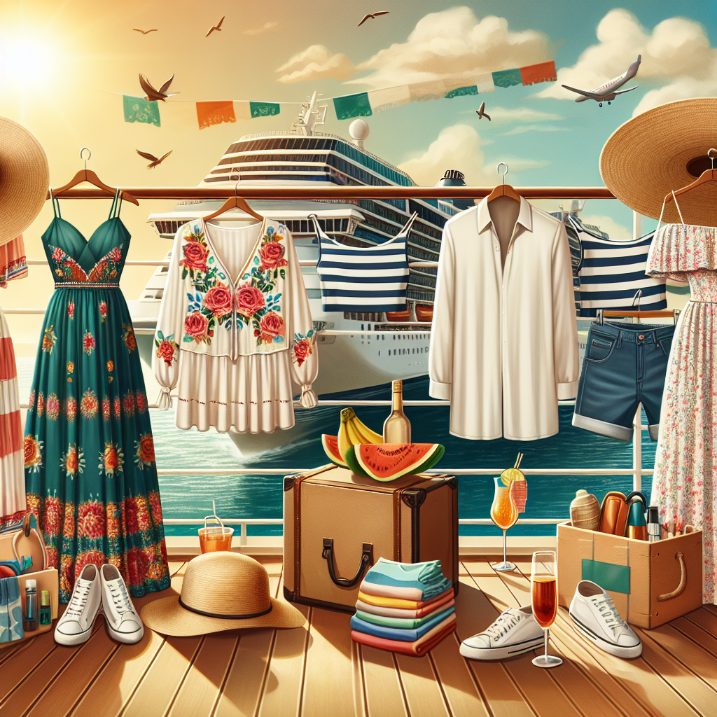 Stunning Outfits for Your November Cruise to Mexico A collection of clothing items perfectly suited for a November cruise to Mexico. Include breezy sundresses in vibrant patterns likely to be seen in a Mexican market, along with comfortable walking shorts, crisp white formal wear for evening dining on the ship, straw hats for sun protection, and casual beach attire. Centre them against the backdrop of a luxurious cruise ship deck with a calm ocean in the background. A mid-afternoon sun should cast a warm light on the scene, offering a hint of the pleasant travel and thrilling adventures ahead.