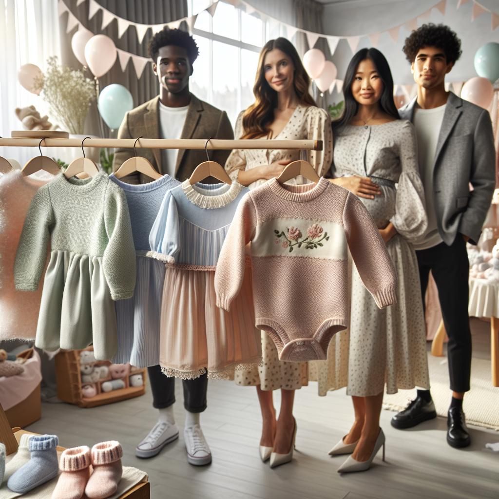 Must-Have Outfits for a March Baby Shower In the scene, display a collection of must-have outfits for a baby shower in the month of March. Picture a clothing rack filled with pastel-colored plush onesies, tiny woolen hats, and petite socks appropriate for a baby. For the attendees, showcase a Caucasian woman wearing a floral dress suitable for early spring, a Black man dressed in a semi-casual blazer and jeans, and an Asian woman donning a soft knitted sweater with delicate embroidery. They're all together in a room decorated with soft streamers and balloons reflecting a baby shower's joyous celebration.