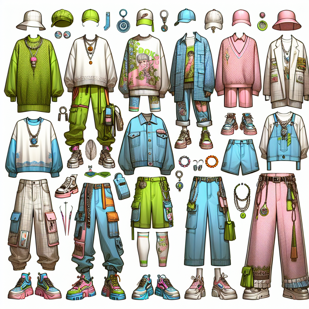 Design a collection of must-have outfits depicting the aesthetic of a contemporary pop concerts, highlighting a signature oversized silhouette, a blend of streetwear and luxury fashion, neon and pastel colours, plenty of chunky, eye-catching accessories, and quirky, unexpected details that showcase a unique individual style. No specific artist is referred to for the clothing style. Remember to include both a male and female model showcasing this style, one of Caucasian descent and one of Middle-Eastern descent.