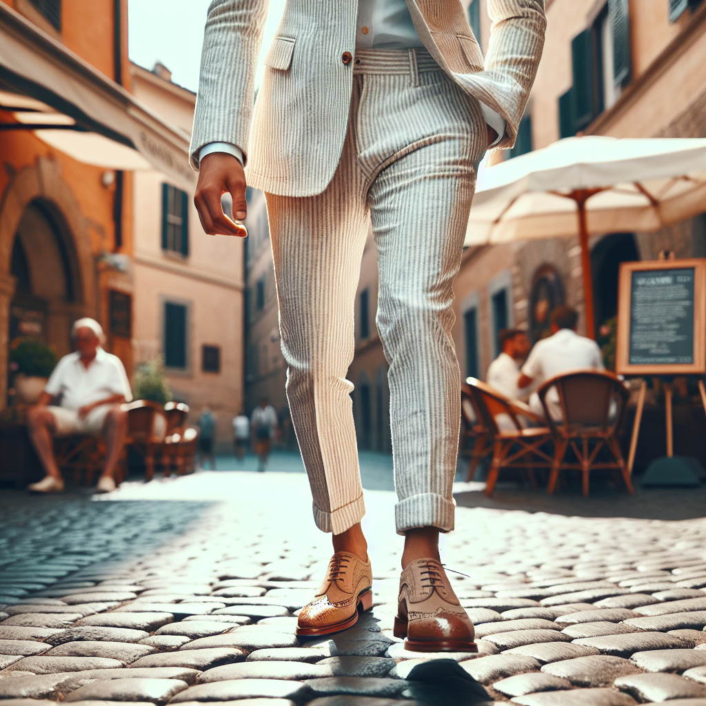 What Shoes to Wear with a Seersucker Suit: Perfect Pairings Create a visually engaging image of an anonymous and stylish individual dressed in a fresh, pale striped seersucker suit, taking stride on a cobblestone street. Highlight the matching combination of light tan brogues on his feet. Accentuate the sunny, warm atmosphere surrounding him and the casual sophistication that his attire exudes. The setting could be a busy city street dotted with cafes and fashionable boutiques. Please ensure that the individual's racial identity is left ambiguous.