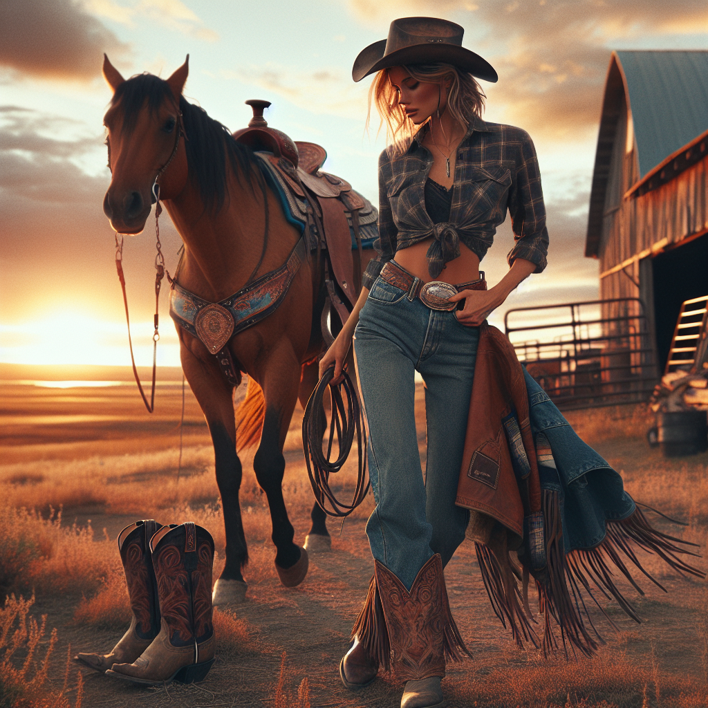 Rodeo Chic: Discover Your Must-Have Look A Western rural scene at sundown with soft orange hues in the sky. Depict a Caucasian female rodeo rider in her mid-twenties donned in her stylish 'rodeo chic' attire. She is wearing worn-in denim jeans, a plaid shirt tied at the waist, and a leather-fringed rodeo jacket. Her feet are in decorated cowboy boots, and she has a cowgirl hat on her head. She is seen walking towards her horse, brushing its mane with a genuine grin. In the background, capture a rustic barn and miles of open prairie.