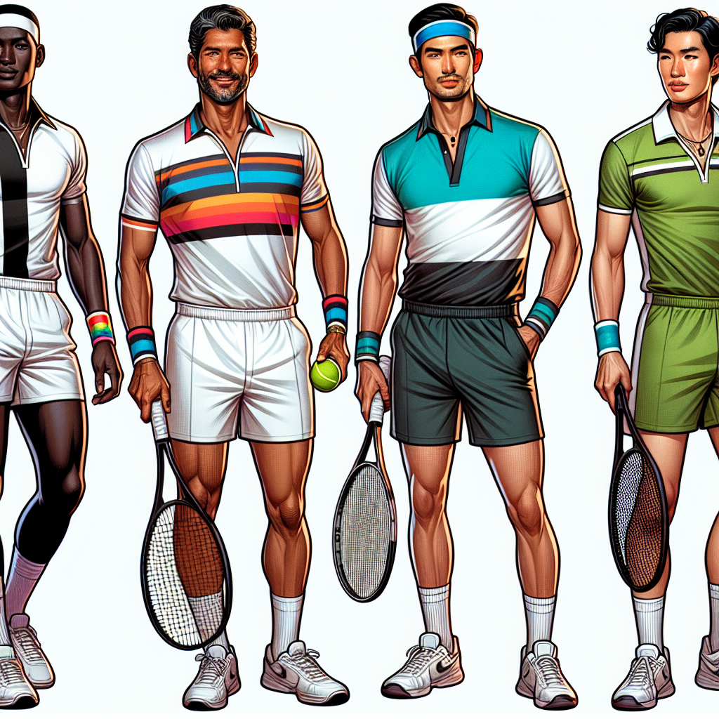 Must-Have Tennis Match Outfits for Men: Effortless Style An illustration of four diverse distinct men preparing for a tennis match in style. The first is a Black man in his 30s, showing off a classic, white tennis outfit with matching headband and wristbands. The second is a Hispanic man in his 50s, wearing a brightly colored tennis polo shirt and matching shorts. The third is a Middle-Eastern man in his 20s, in a sleek, black matching tennis set; while the last one is a South Asian man in his 40s, opting for a more traditional green and blue stripe tennis outfit. All are holding tennis rackets and looking confident.