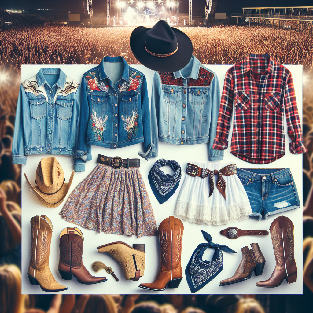 Stunning Outfits for Luke Combs Concert: Must-See Styles! Visualize an assortment of fashionable clothing suitable for a country music concert. Include a variety of outfits that reflect the spirit of country music and the vibrant atmosphere of live concerts. Imagine a crowd-pleasing, blue denim jacket adorned with detailed embroidery, a chic, vibrant red flannel shirt worn with a classic pair of black cowboy boots, and a playful white sundress paired with an intricate leather belt. Also, showcase a trendy graphic t-shirt styled with a patterned bandana and rugged brown leather boots. Remember to capture the hustle and bustle of an energetic concert venue in the backdrop.