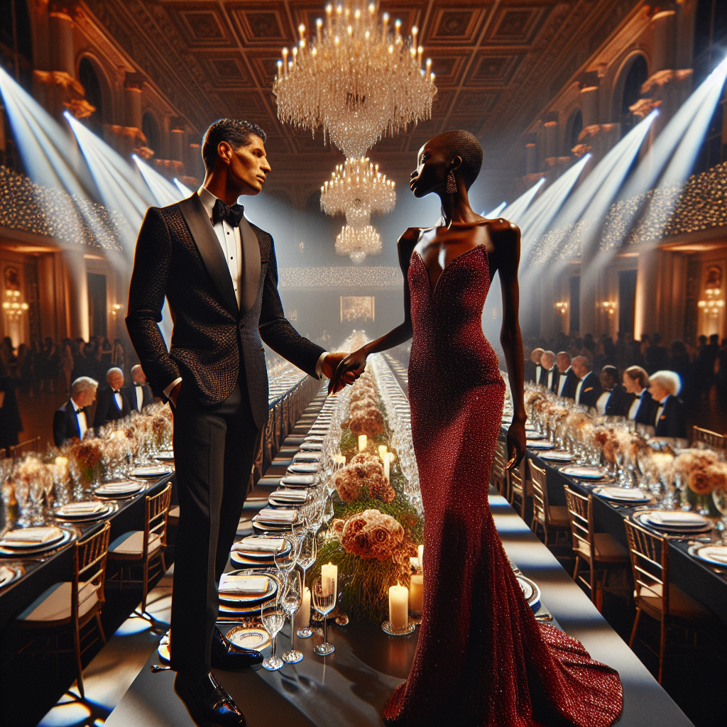 Visualize a sophisticated scene at a gala dinner. Spotlights shine on a long, elegantly decorated table filled with gleaming silverware, crystal glasses, and charming floral centerpieces. A South Asian man in a black tuxedo is greeting an African woman, who is wearing a sparkling, silk gown in a rich shade of ruby red that perfectly contrasts her skin tone. They stand against the backdrop of a grand ballroom adorned with gold accents and crystal chandeliers, all reflecting the perfect blend of luxury and effortless elegance.