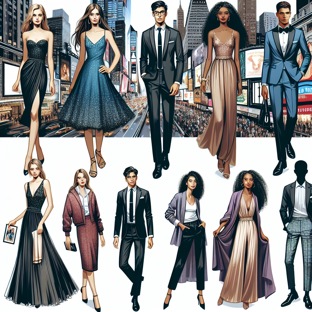 Illustrate a diverse collection of smart, semi-formal attire suitable for various individuals attending a Broadway show in New York City. A Caucasian woman wearing a tasteful cocktail dress, a Middle-Eastern man in a stylish modern suit, a Hispanic woman clad in a sophisticated jumpsuit, and a Black man in a well-tailored blazer and neat trousers. Incorporate accents that capture the vibrant spirit and glamour of Broadway, such as small, tasteful sequins, feathers, or satin materials. Capture the iconic New York cityscape in the background with elements like skyscrapers and billboards.