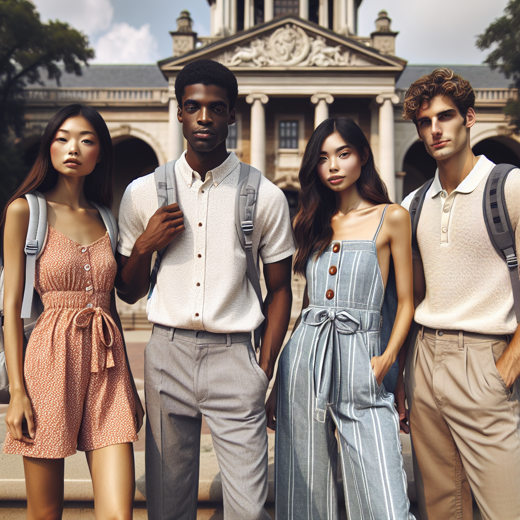 Outfit Ideas: Effortless Elegance for College Tours A group of four college students of different descents standing in front of an iconic campus landmark. To the left, an Asian female student is wearing a casual summer dress. Next to her, a Black male student is dressed in a lightly-colored button-up shirt and jeans. On the right, a Hispanic female student is sporting a stylish jumpsuit, and finally, a Caucasian male student is seen in a classy polo shirt with chinos. All carry trendy college backpacks with them. The overall vibe of the image is of effortless elegance perfect for a college tour.