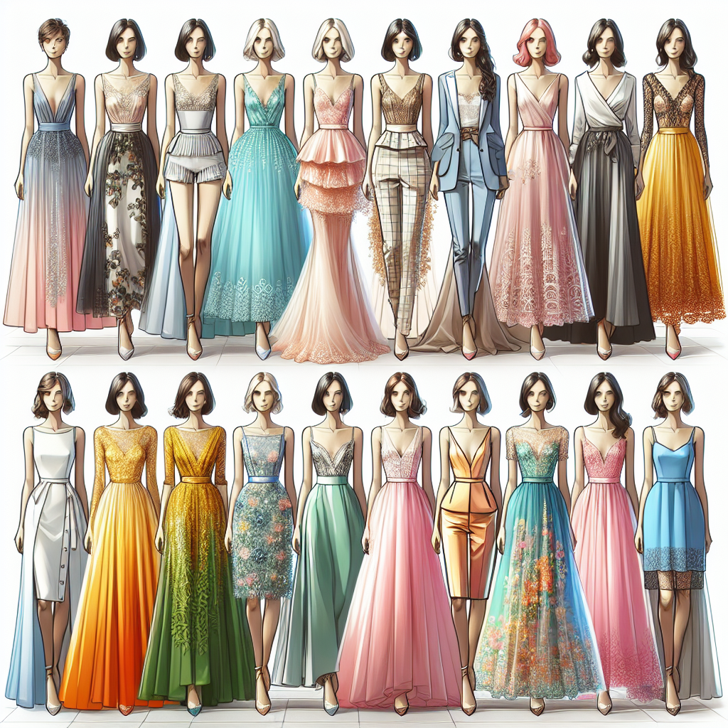 Stunning Wedding Guest Outfits for Every Style Visual representation of an array of stunning wedding guest outfits showcasing a variety of styles. The image should include a spectrum different outfits, each reflecting a unique fashion sense. To reflect diversity of individuals who might wear these, imagine each outfit presented on a mannequin with varying body types. Include garments suitable for formal and semi-formal weddings, encompassing diverse styles such as classic elegance, chic modern, bohemian, vintage, and glamour. Highlight the use of various fabrics such as silk, lace, chiffon and satin, and vivid color schemes ranging from vibrant summer hues to subtler winter pastels.