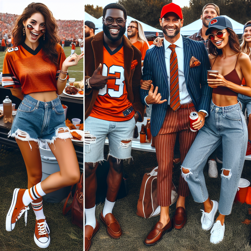 Stunning Game Day Outfits: Effortlessly Chic! Picture a tailgate scenario, with a variety of individuals of diverse descent on a game day. A middle-eastern woman happily showing off her chic outfit consisting of a burnt orange sports jersey paired with distressed denim shorts and white sneakers. On the side, a jovial black man is seen wearing a stylish outfit, featuring a navy-blue pin-striped suit, team-colored pocket square, and brown leather loafers. Further off, a Caucasian woman in a sporty look, wearing a red baseball cap, slim-fit jeans, and comfortable canvas shoes. All are relishing the vibrant atmosphere.