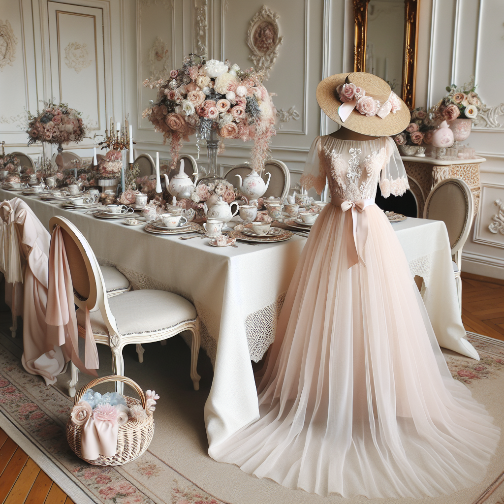 An elegant setting fitting for a daytime baby shower. A long table decorated with white tablecloth, dotted with pastel-colored flower centerpieces, delicate china teacups, and charming tea pots. A lavish chair with an exquisite white fabric draped. On the chair, features a lovely dress: a chic outfit reflecting the ambience of the tea party - flowing mid-length dress in blush pink with a flattering empire waist line, delicate lace detailing, and a wide brimmed straw hat adorned with pastel toned silk flowers. This setting emanates a relaxing yet festive atmosphere perfect for a baby shower.