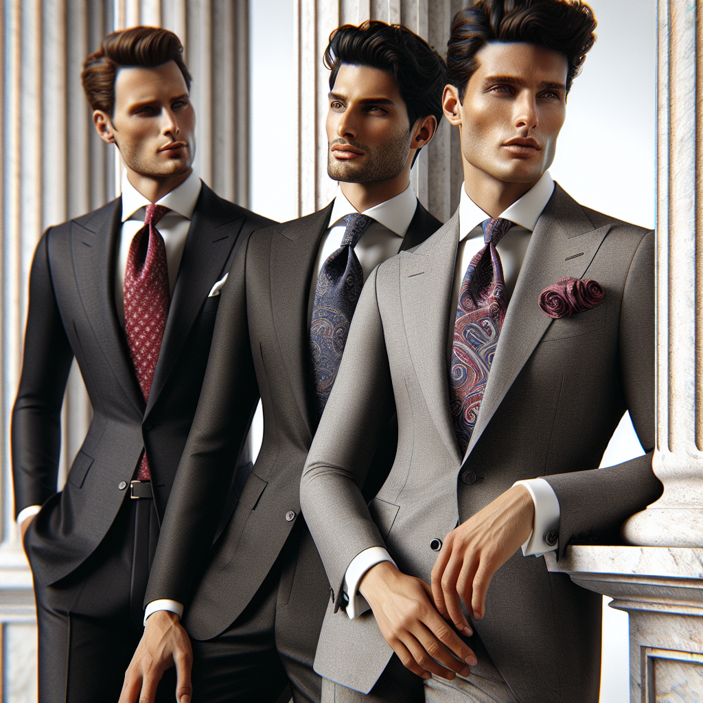 Must-Have Interview Outfits for Men: Best Picks Imagine a visually engaging and detailed image of three men leaning against a white marble column. The first man, who is of Caucasian descent, is donning a sleek black Italian suit with a hint of a red silk tie peeping from underneath the suit. The second man, of South Asian descent, is wearing charcoal grey formal wear with a finely woven blue paisley tie, showcasing his style effortlessly. Finally, the third man, of Hispanic descent, features innovative formal fashion with a light grey suit, paired with a stylish printed magenta tie. Each of them poses confidently, leaving an undeniable impression of sophistication and class.