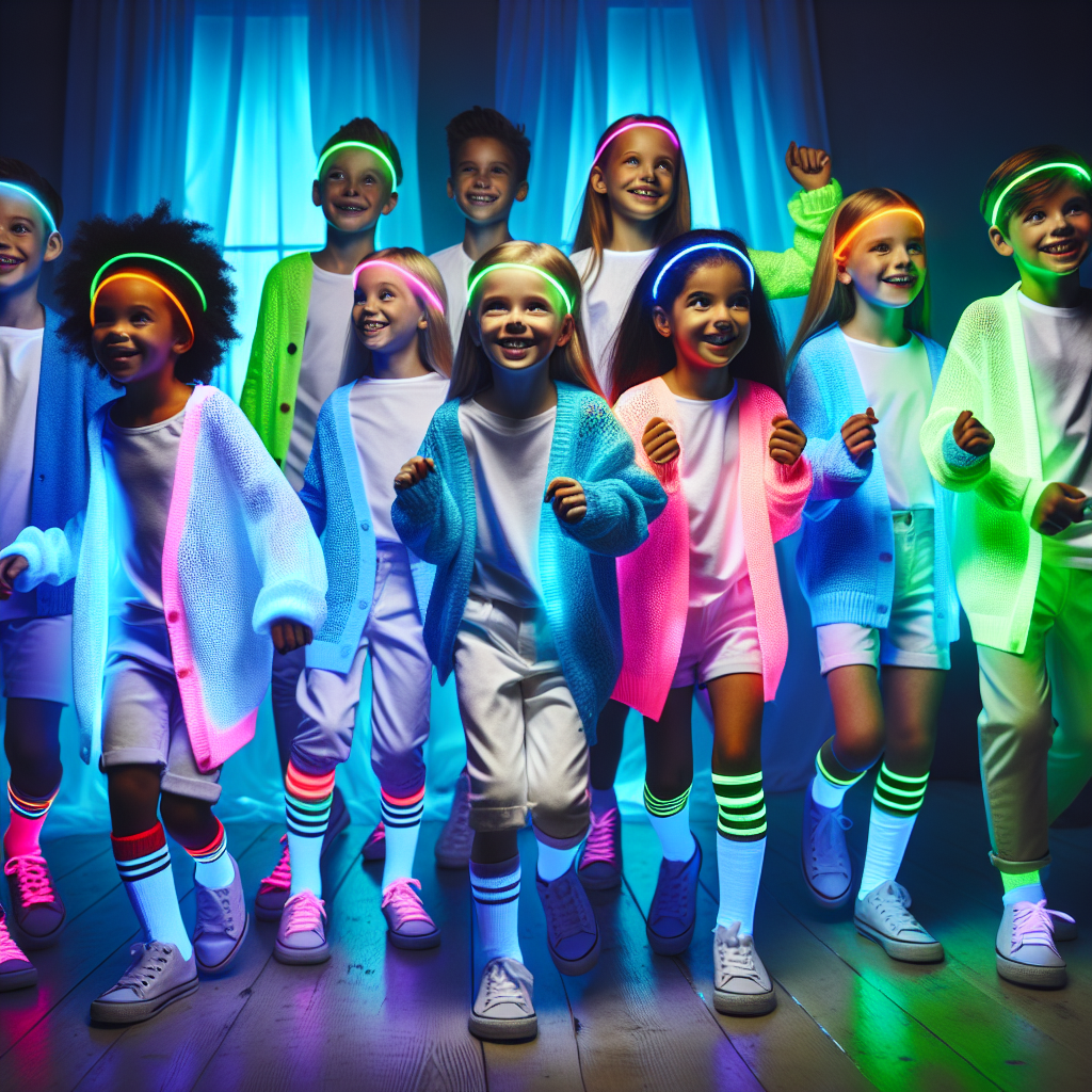 Imagine a group of excited kids at a glow party. The room is dimly lit with vibrant neon lights in different colors; blues, greens, pinks, and yellows. All the kids are wearing bright white cardigans that are illuminating under the glow. Each pair of trousers and footwear is color-coordinated with neon accessories like bangles, headbands, and glowing necklaces. A couple of the kids are Caucasian while others are of Middle-Eastern and Black descent. Their genders are diverse, with both boys and girls included. Capture their joy and laughter as they dance and play amidst the lovely, glowing ambiance.