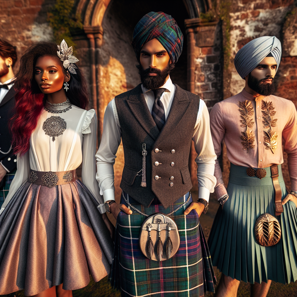 Picture an intricate scene showcasing a variety of stunning kilt outfits. The foreground is occupied by three individuals: a Black female with long crimson hair wearing a traditional tartan kilt paired with a stylish white blouse ornamented with silver Celtic jewelry, a South Asian male with a turban demonstrating an elegant combination of a modern graphite grey kilt with a navy blue double-breasted vest, and a Middle-Eastern gender-neutral individual boasting a vibrant green pleated kilt matched with a pastel pink linen shirt tied at the waist and complemented by gold leaf-shaped accessories. They all stand against the backdrop of a rustic brick wall under soft golden hour light, confidently showcasing their effortless and elegant choices in kilt fashion.