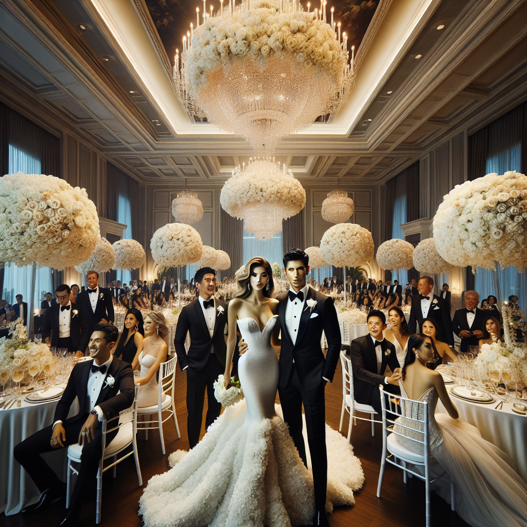 Black Tie Wedding: Discover Stunning Must-Have Looks! Visualize an upscale wedding reception set in a grand ballroom. The room is filled with elegant round tables draped in white linen, with towering centerpieces of lush, white roses. A South Asian groom in a black tuxedo, together with his Hispanic bride in a stunning white gown, shimmer with joy. Friends and family, adorned in black tie attire, mingle happily. Men in sharp black tuxedos and women in a variety of stylish evening gowns of different hues create a tableau of multicultural elegance. The overall ambiance glows with sophistication, under the crystal chandeliers casting a warm, soft light.