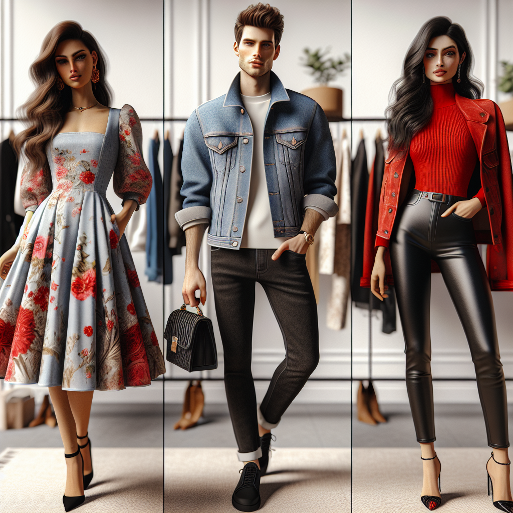 Stunning Outfits: Best to Pair with a Denim Jacket An exploratory fashion scene showcasing a variety of stunning and trendy outfits that pair perfectly with a denim jacket. The scene should portray three different individuals: a Hispanic woman in a floral dress, a Caucasian man in a crisp white shirt and black jeans, and a Middle-Eastern woman in a vibrant red turtleneck and black leather pants. Each of them is wearing a denim jacket styled in a unique way, displaying how versatile this item is. The backdrop is chic and minimalist, not distracting from the fashion pieces. All outfits exude an air of casual sophistication and trendiness.