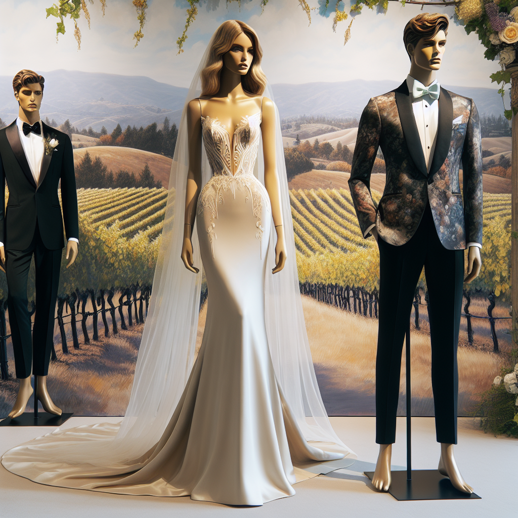 Stunning Vineyard Wedding Outfits: Find Your Match A scenic image showcasing a gorgeous vineyard decorated for a wedding ceremony. In the foreground, two mannequins elegantly dressed. The first mannequin is dressed in a sleek, cream-colored wedding gown, adorned with intricate detailing and a delicate, flowing veil. She should embody a Caucasian femininity. The second mannequin is dressed in a sophisticated black tuxedo paired with a white shirt and a glossy pastel blue tie. He should radiate a sense of Middle-Eastern masculinity. The background is painted with a beautiful, sunlit wine country, accentuating the cheerful ambiance.