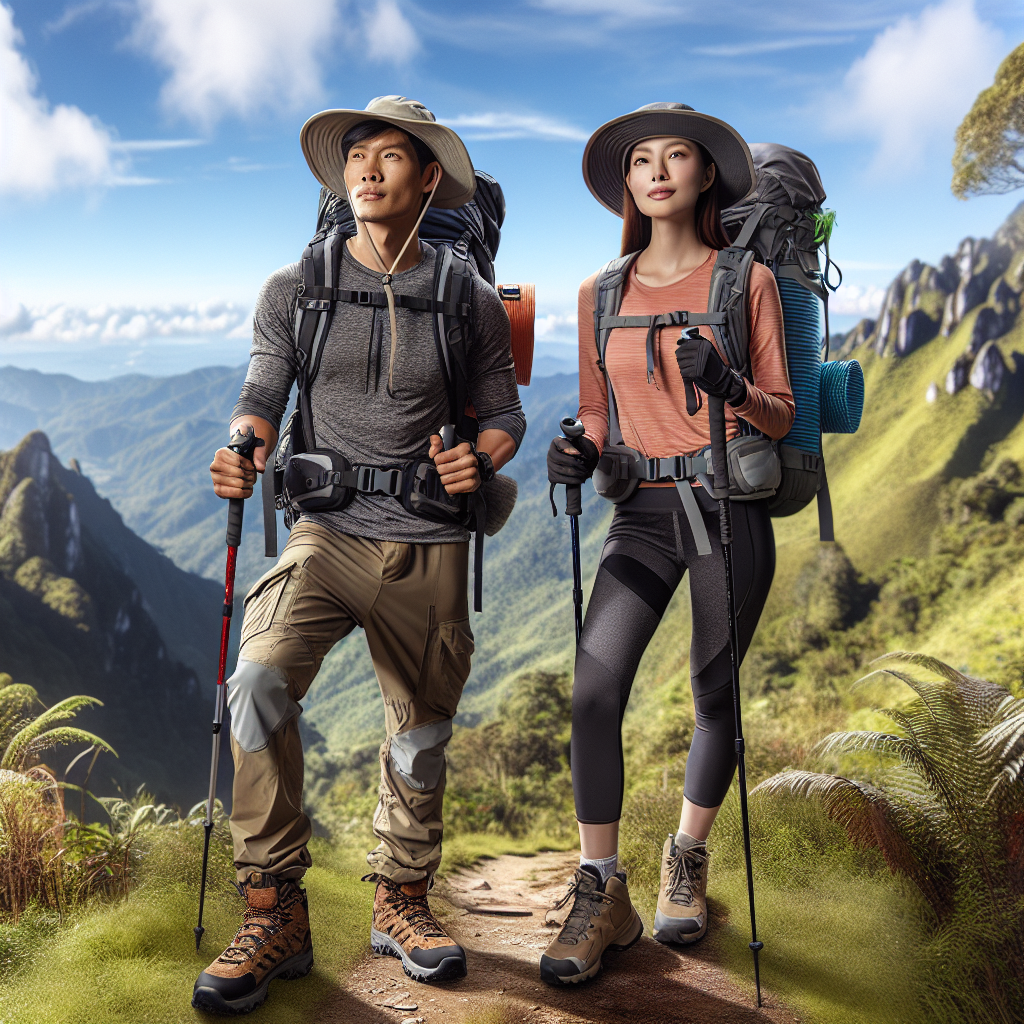What to Wear on a Hike: Must-Have, Effortless Guide Compose a vivid and detailed image of an Asian male hiker and a Caucasian female hiker, fully equipped with essential outdoor gear for a hike. They are both wearing breathable clothing, sturdy hiking boots, hats for sun protection, and equipped with hydration backpacks. Both should have hiking poles for support. The scene is in a lush, picturesque mountain trail, with a clear, blue sky overhead, signifying perfect hiking weather. Their expressions should reflect enthusiasm and readiness, depicting their preparedness and guidance for an effective hiking journey.