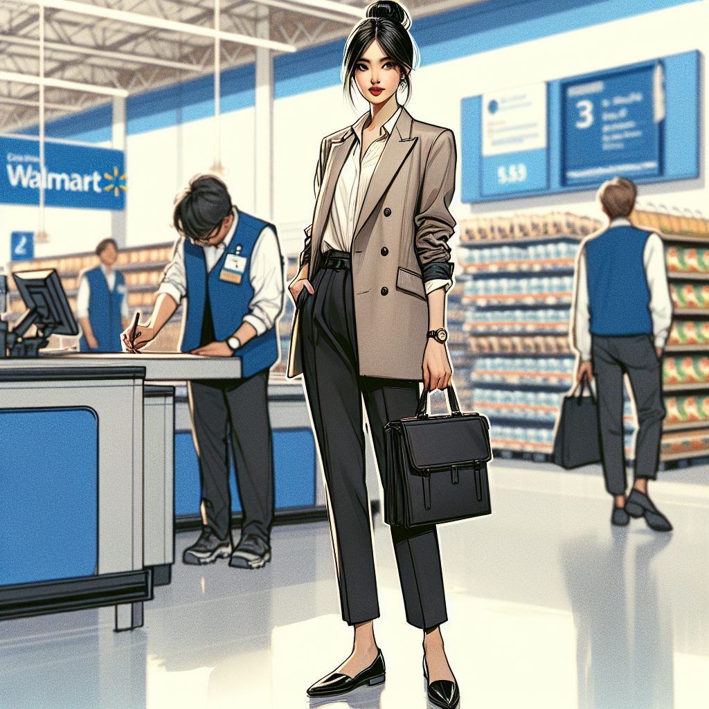 What to Wear to a Walmart Interview: Must-Know Tips Depict a scene of a South Asian female impeccably dressed for a job interview. She is stylishly wearing a business casual outfit consisting of a well-tailored blazer in muted tones, crisp white blouse, and black pants, matched with polished black flats. Her hair is neatly tied in a low bun. She holds a carry-on portfolio bag with her resume peeking slightly. All on the backdrop of a grocery retail store, hinting at a Walmart-like setting with prominent features such as stacked shelves, checkout counter, and blue vest-clad employees milling around.